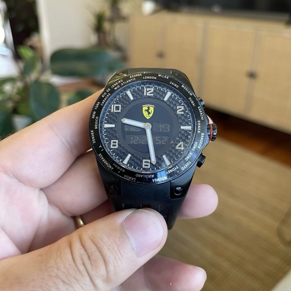 FERRARI World Time Alarm Chronograph Black Dial Men's Watch FE-05-IPB-FC 45mm
